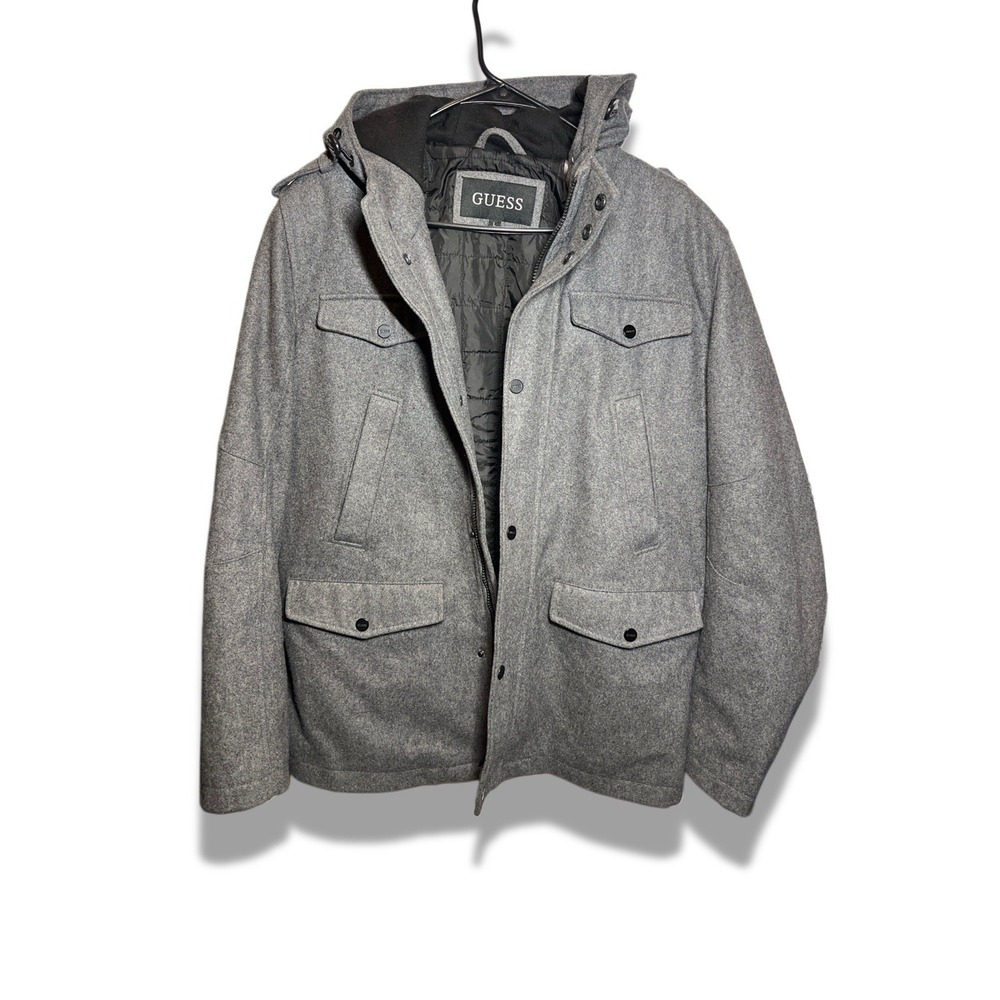GUESS Men's Wool Blend Hooded Field Jacket Gray Size Large Quilted Lined